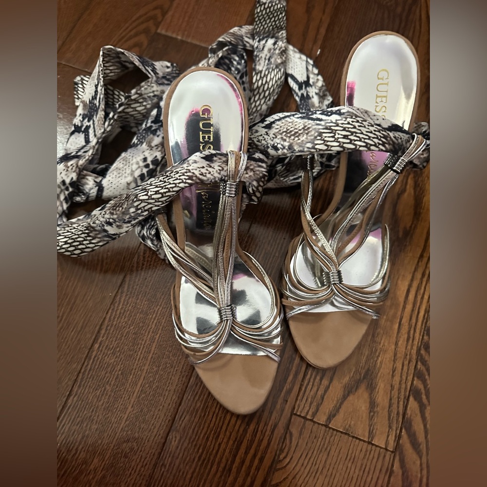 Guess by Marciano Silver and Tan Snakeskin Heels